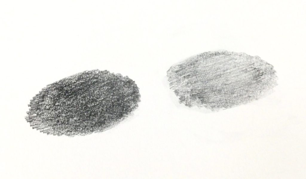 鉛筆で塗った二つの円のうち、右の円が比較的薄い色になっている。