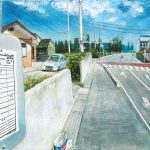 田舎のバスターミナル／38×54㎝／アクリル絵の具